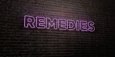 REMEDIES -Realistic Neon Sign on Brick Wall background - 3D rendered royalty free stock image. Can be used for online banner ads and direct mailers..