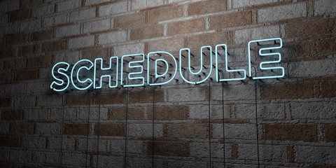 SCHEDULE - Glowing Neon Sign on stonework wall - 3D rendered royalty free stock illustration.  Can be used for online banner ads and direct mailers..
