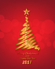 Gold ribbon make Christmas tree shape on red   background