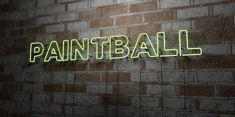 PAINTBALL - Glowing Neon Sign on stonework wall - 3D rendered royalty free stock illustration.  Can be used for online banner ads and direct mailers..