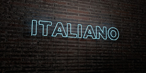 ITALIANO -Realistic Neon Sign on Brick Wall background - 3D rendered royalty free stock image. Can be used for online banner ads and direct mailers..