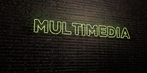MULTIMEDIA -Realistic Neon Sign on Brick Wall background - 3D rendered royalty free stock image. Can be used for online banner ads and direct mailers..