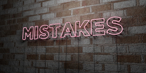 MISTAKES - Glowing Neon Sign on stonework wall - 3D rendered royalty free stock illustration.  Can be used for online banner ads and direct mailers..