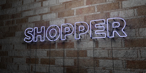 SHOPPER - Glowing Neon Sign on stonework wall - 3D rendered royalty free stock illustration.  Can be used for online banner ads and direct mailers..
