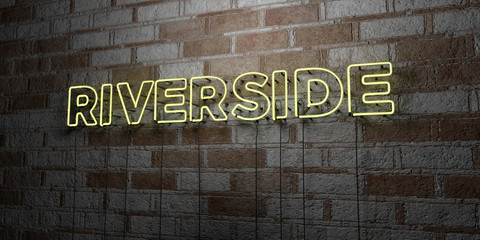 RIVERSIDE - Glowing Neon Sign on stonework wall - 3D rendered royalty free stock illustration.  Can be used for online banner ads and direct mailers..