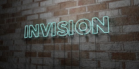 Fototapeta na wymiar INVISION - Glowing Neon Sign on stonework wall - 3D rendered royalty free stock illustration. Can be used for online banner ads and direct mailers..