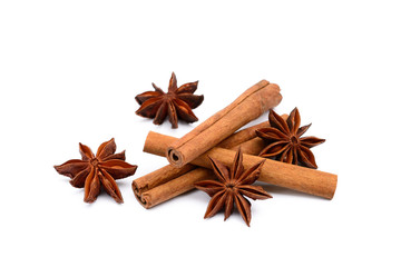 Fragrant anise and cinnamon isolated on white background