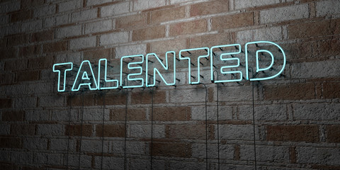 TALENTED - Glowing Neon Sign on stonework wall - 3D rendered royalty free stock illustration.  Can be used for online banner ads and direct mailers..