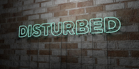 DISTURBED - Glowing Neon Sign on stonework wall - 3D rendered royalty free stock illustration.  Can be used for online banner ads and direct mailers..