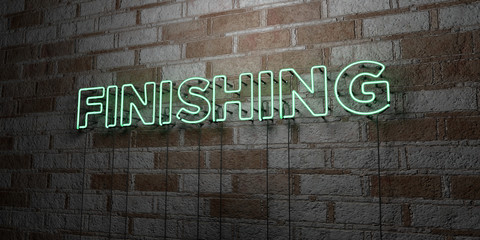 FINISHING - Glowing Neon Sign on stonework wall - 3D rendered royalty free stock illustration.  Can be used for online banner ads and direct mailers..