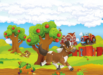 Cartoon farm happy scene with running horse - illustration for children