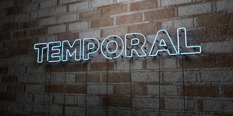 TEMPORAL - Glowing Neon Sign on stonework wall - 3D rendered royalty free stock illustration.  Can be used for online banner ads and direct mailers..