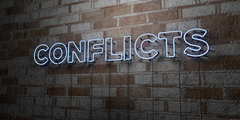 CONFLICTS - Glowing Neon Sign on stonework wall - 3D rendered royalty free stock illustration.  Can be used for online banner ads and direct mailers..