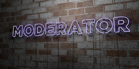 MODERATOR - Glowing Neon Sign on stonework wall - 3D rendered royalty free stock illustration.  Can be used for online banner ads and direct mailers..