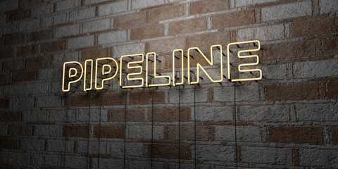 PIPELINE - Glowing Neon Sign on stonework wall - 3D rendered royalty free stock illustration.  Can be used for online banner ads and direct mailers..