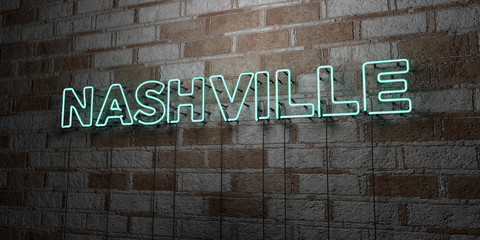 NASHVILLE - Glowing Neon Sign on stonework wall - 3D rendered royalty free stock illustration.  Can be used for online banner ads and direct mailers..