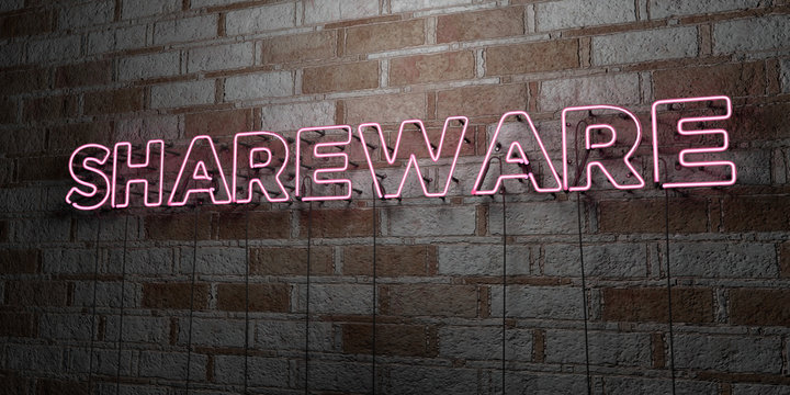 SHAREWARE - Glowing Neon Sign on stonework wall - 3D rendered royalty free stock illustration.  Can be used for online banner ads and direct mailers..