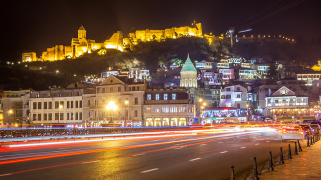 Aerial night view of Old Tbilisi, Georgia with Illuminated churc