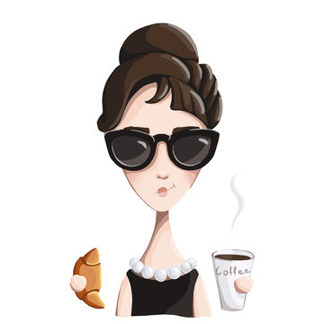 Elegant woman with a croissant and coffee