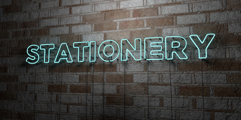 Fototapeta na wymiar STATIONERY - Glowing Neon Sign on stonework wall - 3D rendered royalty free stock illustration. Can be used for online banner ads and direct mailers..