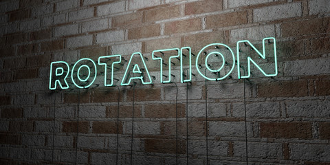ROTATION - Glowing Neon Sign on stonework wall - 3D rendered royalty free stock illustration.  Can be used for online banner ads and direct mailers..