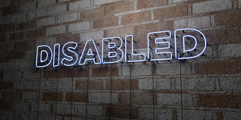 DISABLED - Glowing Neon Sign on stonework wall - 3D rendered royalty free stock illustration.  Can be used for online banner ads and direct mailers..