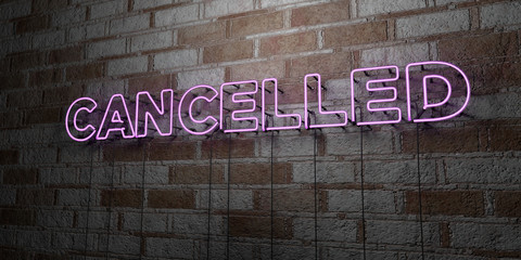 CANCELLED - Glowing Neon Sign on stonework wall - 3D rendered royalty free stock illustration.  Can be used for online banner ads and direct mailers..