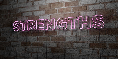 STRENGTHS - Glowing Neon Sign on stonework wall - 3D rendered royalty free stock illustration.  Can be used for online banner ads and direct mailers..