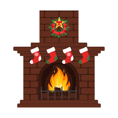 Fototapeta premium Christmas fireplace in colorful cartoon flat style. Christmas eve, our stockings. Merry Christmas and happy New year.