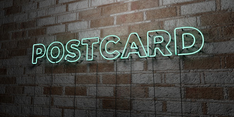 POSTCARD - Glowing Neon Sign on stonework wall - 3D rendered royalty free stock illustration.  Can be used for online banner ads and direct mailers..