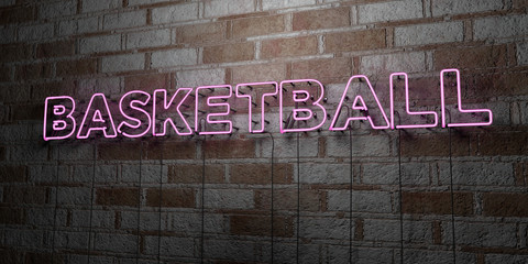 BASKETBALL - Glowing Neon Sign on stonework wall - 3D rendered royalty free stock illustration.  Can be used for online banner ads and direct mailers..