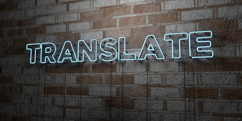 TRANSLATE - Glowing Neon Sign on stonework wall - 3D rendered royalty free stock illustration.  Can be used for online banner ads and direct mailers..