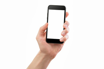 Mockup of male hand holding black cellphone isolated 