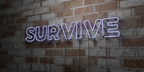 Fototapeta na wymiar SURVIVE - Glowing Neon Sign on stonework wall - 3D rendered royalty free stock illustration. Can be used for online banner ads and direct mailers..