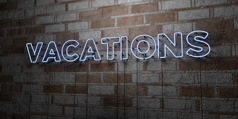 VACATIONS - Glowing Neon Sign on stonework wall - 3D rendered royalty free stock illustration.  Can be used for online banner ads and direct mailers..