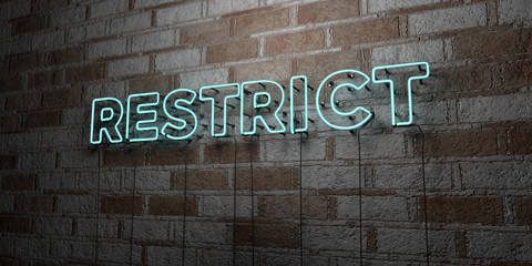 RESTRICT - Glowing Neon Sign on stonework wall - 3D rendered royalty free stock illustration.  Can be used for online banner ads and direct mailers..