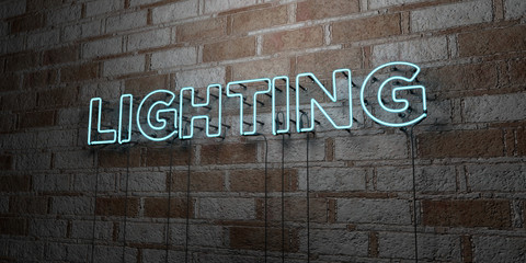 LIGHTING - Glowing Neon Sign on stonework wall - 3D rendered royalty free stock illustration.  Can be used for online banner ads and direct mailers..