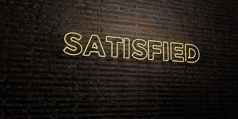 SATISFIED -Realistic Neon Sign on Brick Wall background - 3D rendered royalty free stock image. Can be used for online banner ads and direct mailers..