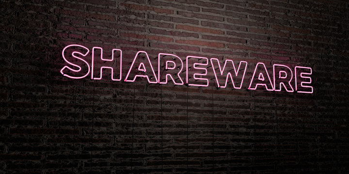 SHAREWARE -Realistic Neon Sign on Brick Wall background - 3D rendered royalty free stock image. Can be used for online banner ads and direct mailers..