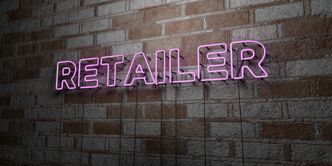 RETAILER - Glowing Neon Sign on stonework wall - 3D rendered royalty free stock illustration.  Can be used for online banner ads and direct mailers..