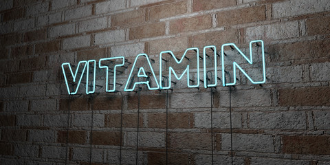 VITAMIN - Glowing Neon Sign on stonework wall - 3D rendered royalty free stock illustration.  Can be used for online banner ads and direct mailers..