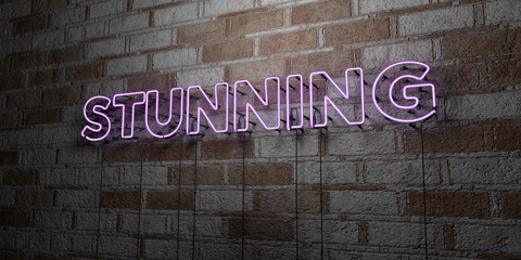 STUNNING - Glowing Neon Sign on stonework wall - 3D rendered royalty free stock illustration.  Can be used for online banner ads and direct mailers..