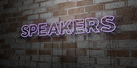 SPEAKERS - Glowing Neon Sign on stonework wall - 3D rendered royalty free stock illustration.  Can be used for online banner ads and direct mailers..