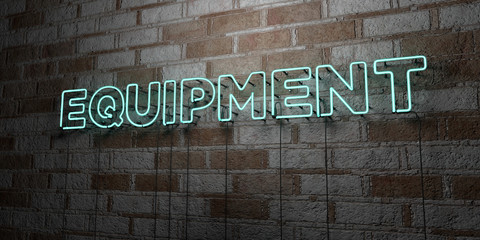 EQUIPMENT - Glowing Neon Sign on stonework wall - 3D rendered royalty free stock illustration.  Can be used for online banner ads and direct mailers..