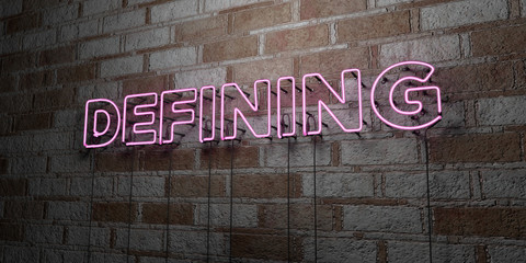 DEFINING - Glowing Neon Sign on stonework wall - 3D rendered royalty free stock illustration.  Can be used for online banner ads and direct mailers..