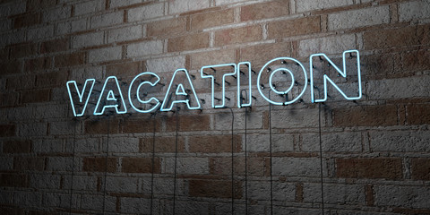 VACATION - Glowing Neon Sign on stonework wall - 3D rendered royalty free stock illustration.  Can be used for online banner ads and direct mailers..