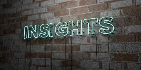 INSIGHTS - Glowing Neon Sign on stonework wall - 3D rendered royalty free stock illustration.  Can be used for online banner ads and direct mailers..