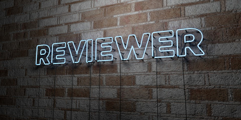 Fototapeta premium REVIEWER - Glowing Neon Sign on stonework wall - 3D rendered royalty free stock illustration. Can be used for online banner ads and direct mailers..