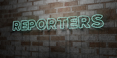 REPORTERS - Glowing Neon Sign on stonework wall - 3D rendered royalty free stock illustration.  Can be used for online banner ads and direct mailers..