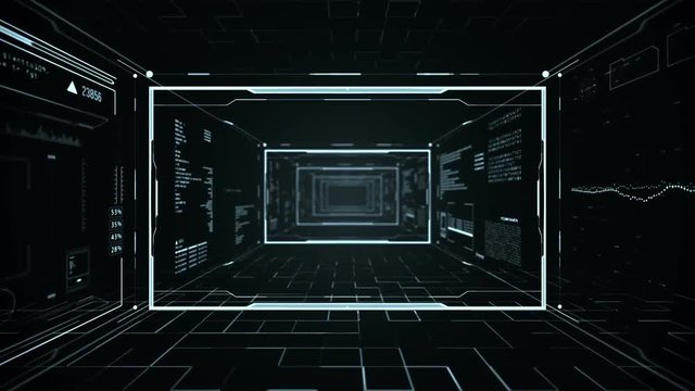 Futuristic HUD  tunnel. Camera zoom in through Head up display screens.Good for tech titles and background, news headline business intro screensaver.